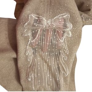 Beige Knit Sweater with Sparkly Mesh Embellished Shoulders